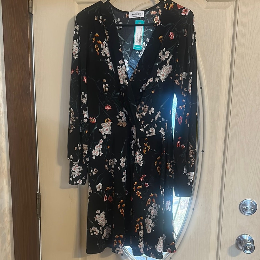 Black Floral Knit Faux Wrap Dress